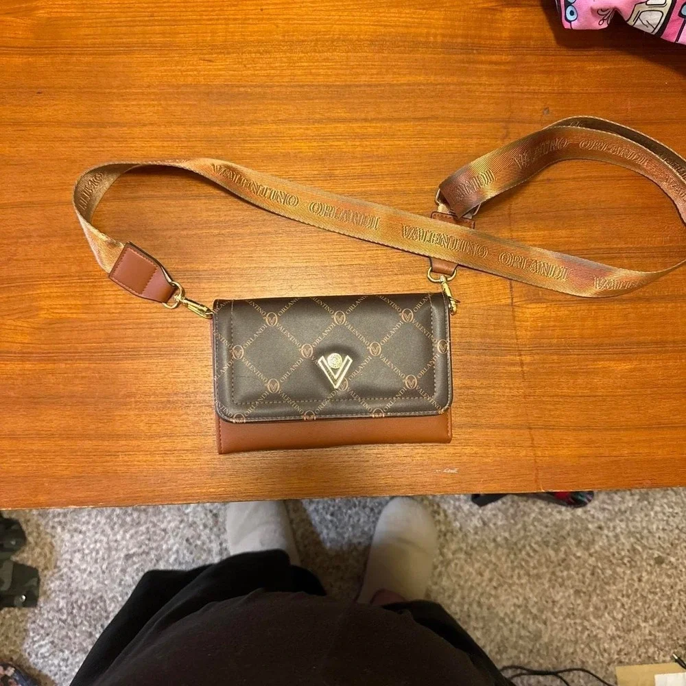 Valentino Orlandi cognac brown quilted logo flap crossbody